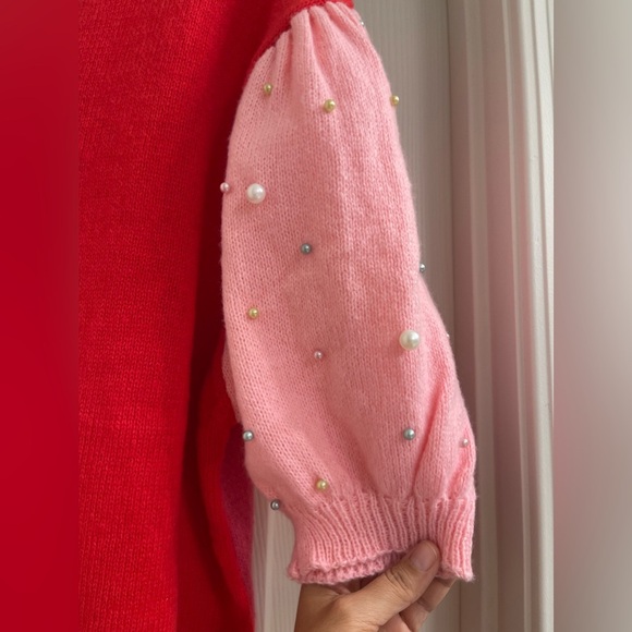 NWT Women’s BiBi Color Block Short Sleeve Sweater with Pearls Size XL - Picture 4 of 6